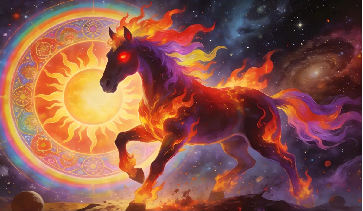 A visionary illustration of the Fire Horse (Bing Wu) surrounded by solar flames and cosmic symbols, representing peak Yang Fire energy in the Chinese zodiac and the 60-year sexagenary cycle.