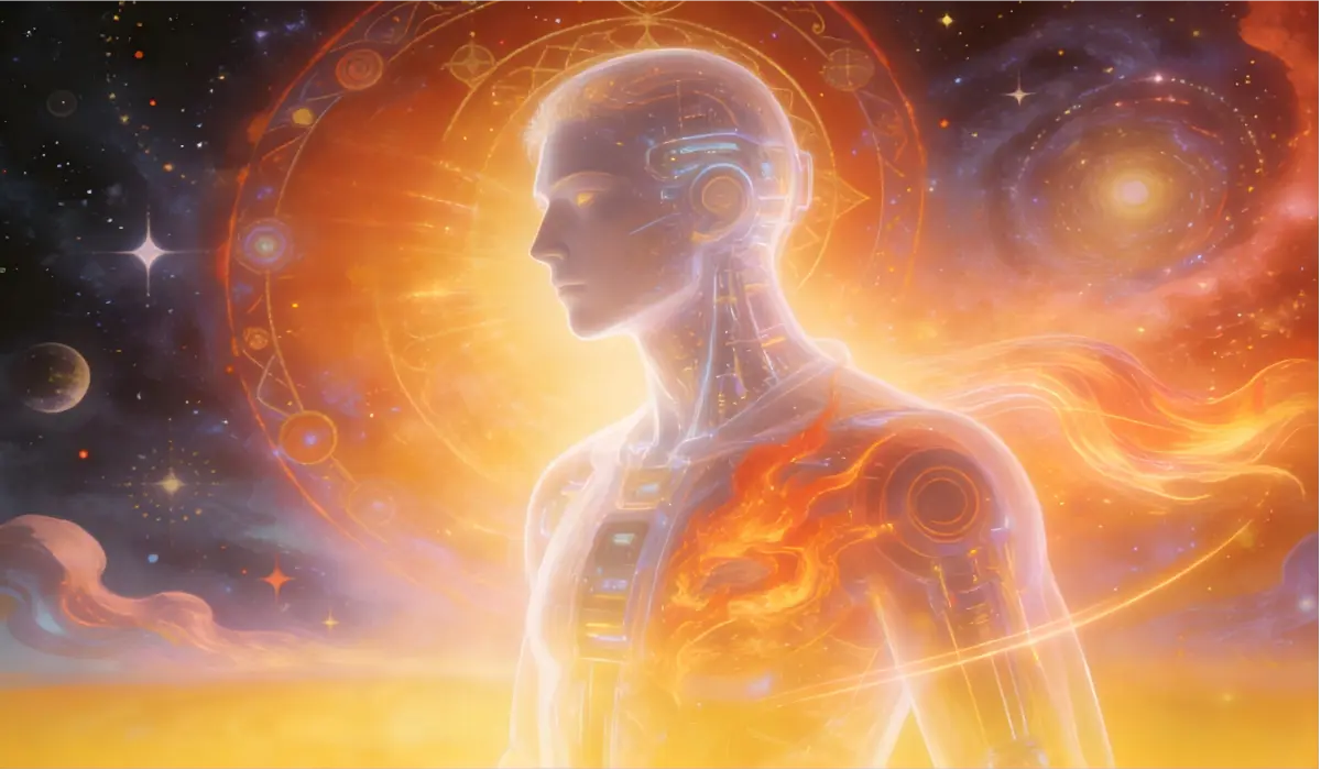 A symbolic illustration of human consciousness illuminated by fiery cosmic energy, representing the Fire Horse “curse” reinterpreted as a peak energy state, reflecting spiritual intensity, technological transformation, and global shifts expected in 2026.