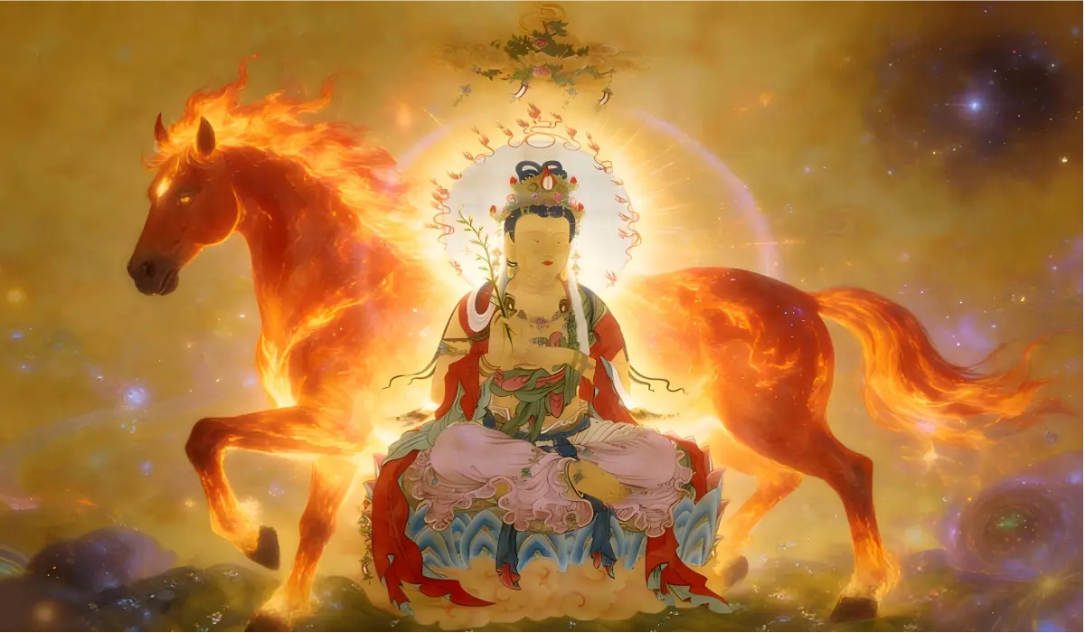 An ethereal illustration of Mahasthamaprapta Bodhisattva radiating golden wisdom light beside a fiery Horse, symbolizing divine protection, spiritual grounding, and enlightened guidance for the Fire Horse in Chinese astrology.