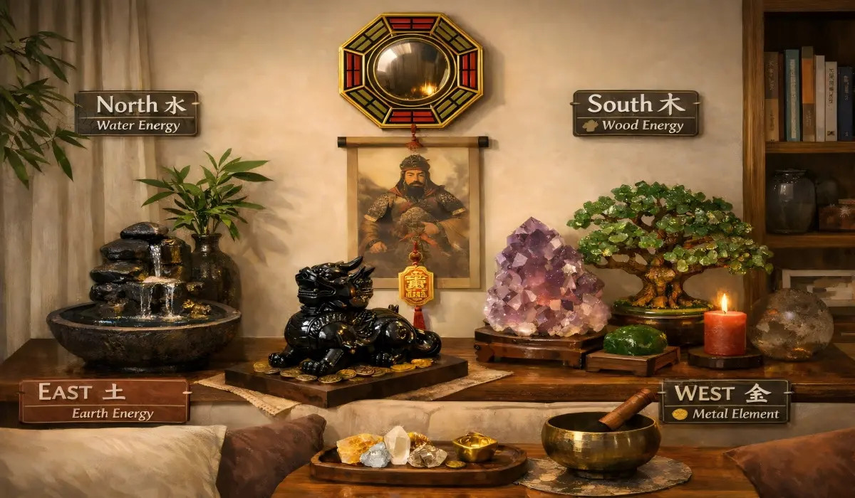 Feng Shui home setup for the 2026 Fire Horse year, balancing Fire energy with Earth, Metal, Water, and Wood elements.