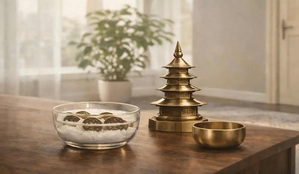 Feng shui cure set with pagoda and coins to mitigate the Five Yellow Star in 2026.