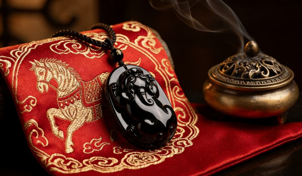 Black obsidian Pixiu talisman used for grounding and protection during the intense Fire Horse year and Tai Sui challenges in 2026.