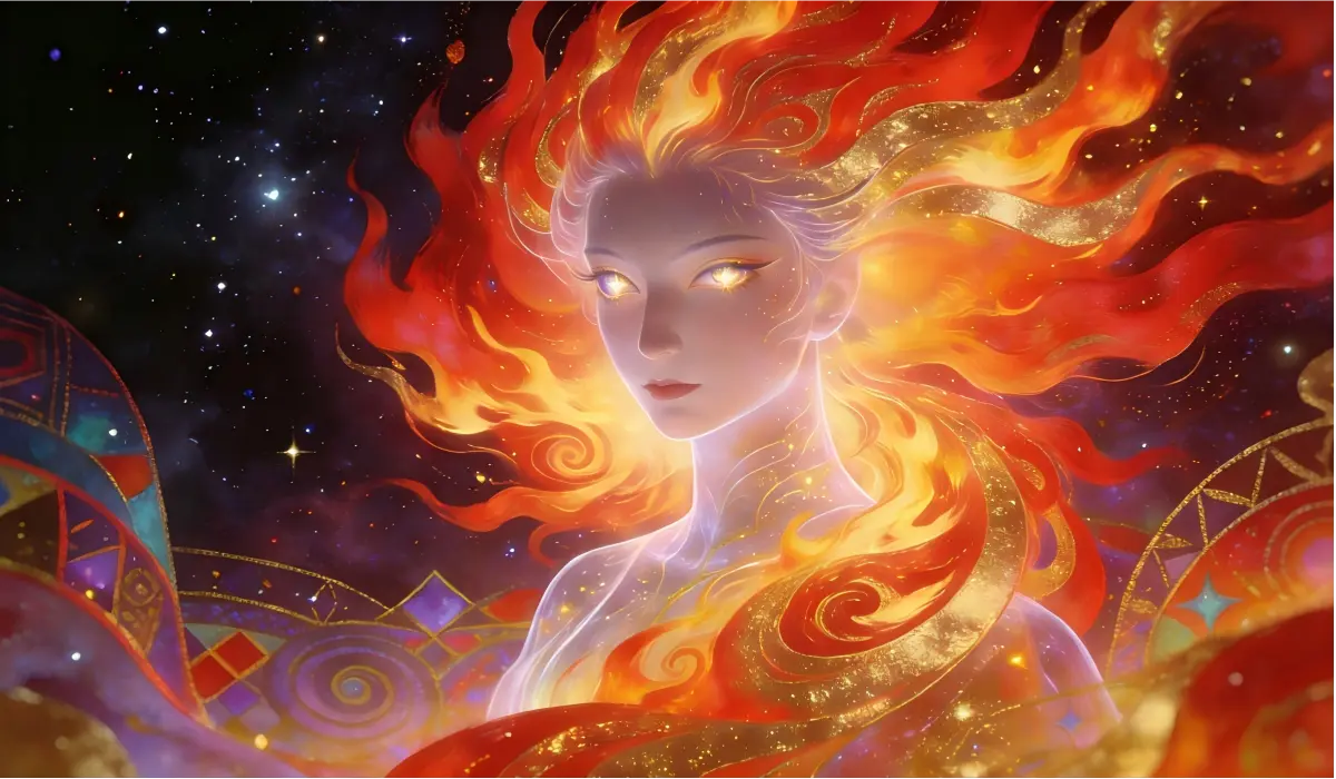A luminous fire spirit embodying Period 9 Li Fire energy, highlighting intuition, visibility, and inner power in 2026.
