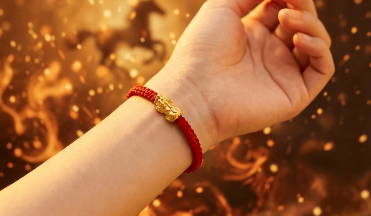 Pixiu red string bracelet worn on wrist for Ben Ming Nian protection and good fortune