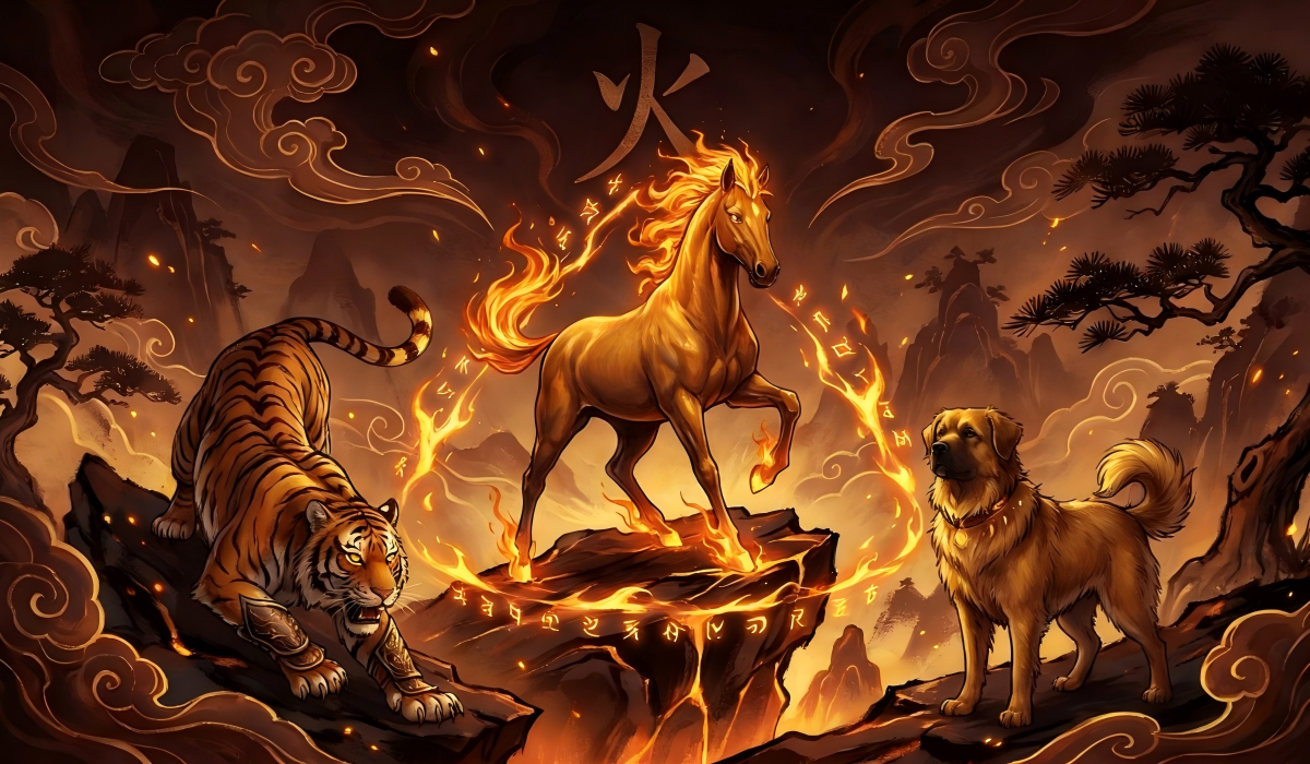 A mystical illustration of the Horse Tiger and Dog San He Fire Group trinity surrounded by amber and crimson energy