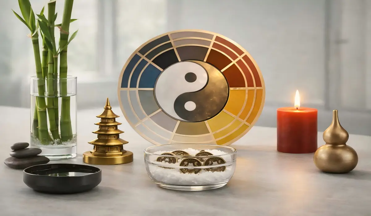 Yin yang and five elements feng shui decor symbolizing balance, harmony, and positive energy.