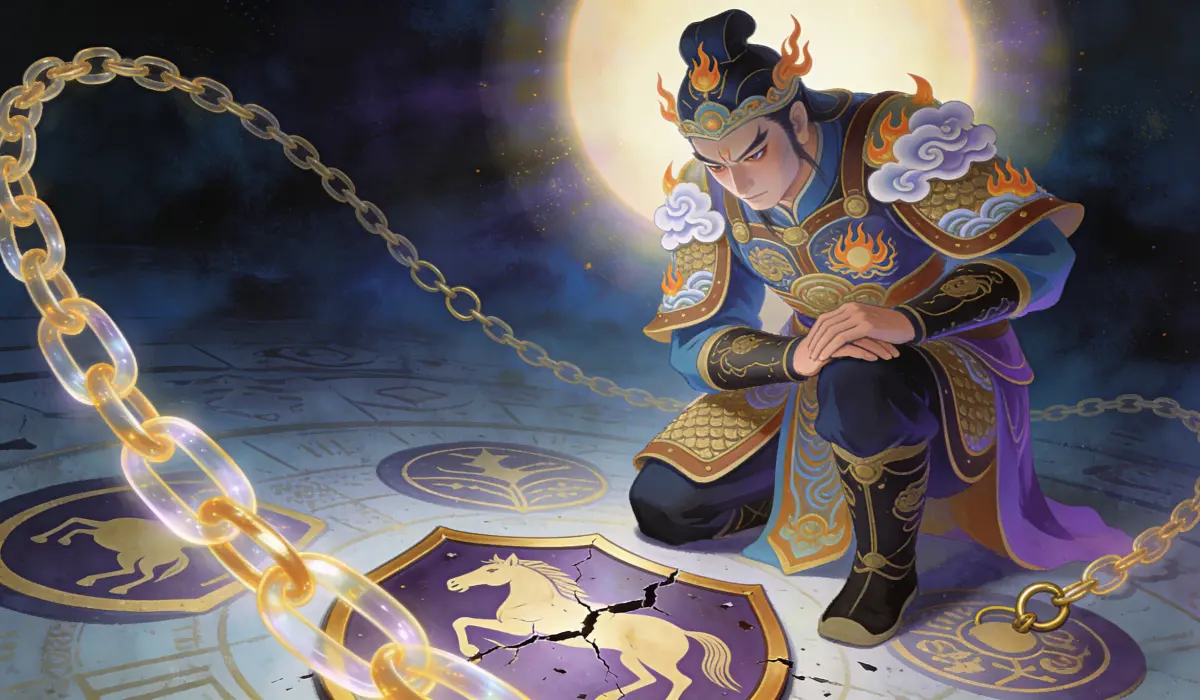 A symbolic illustration of Tai Sui General Pi Ya in 2026, showing humility, restraint, and the Horse&rsquo;s Wu Wu self-penalty energy.