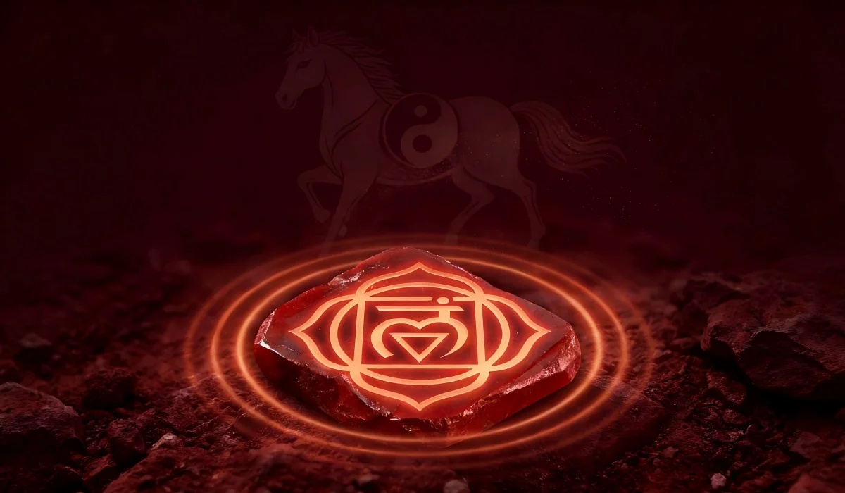 Glowing cinnabar stone with sacred symbols, reflecting protection, fire energy balance, and spiritual grounding for the Year of the Fire Horse 2026.