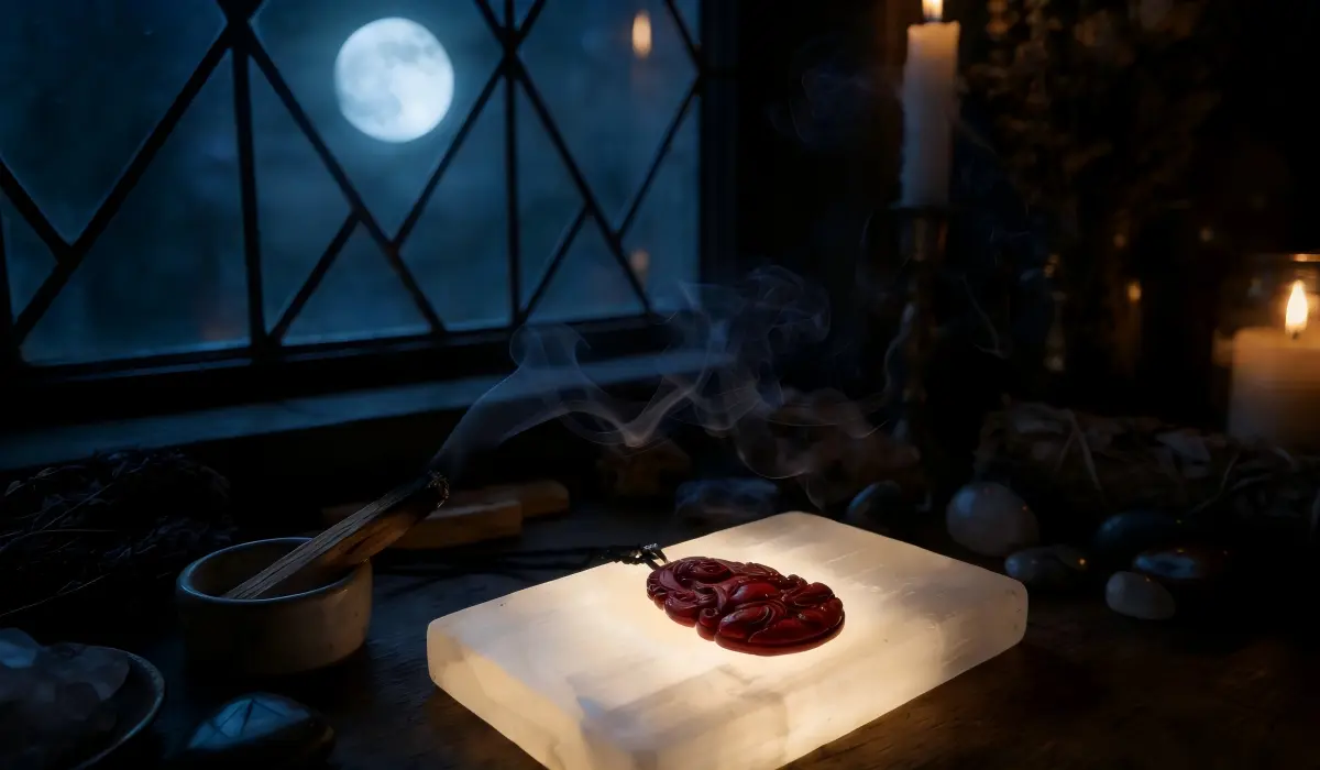 A cinnabar pendant resting on a selenite plate under moonlight, symbolizing spiritual cleansing, protection, and Feng Shui energy balance for 2026.