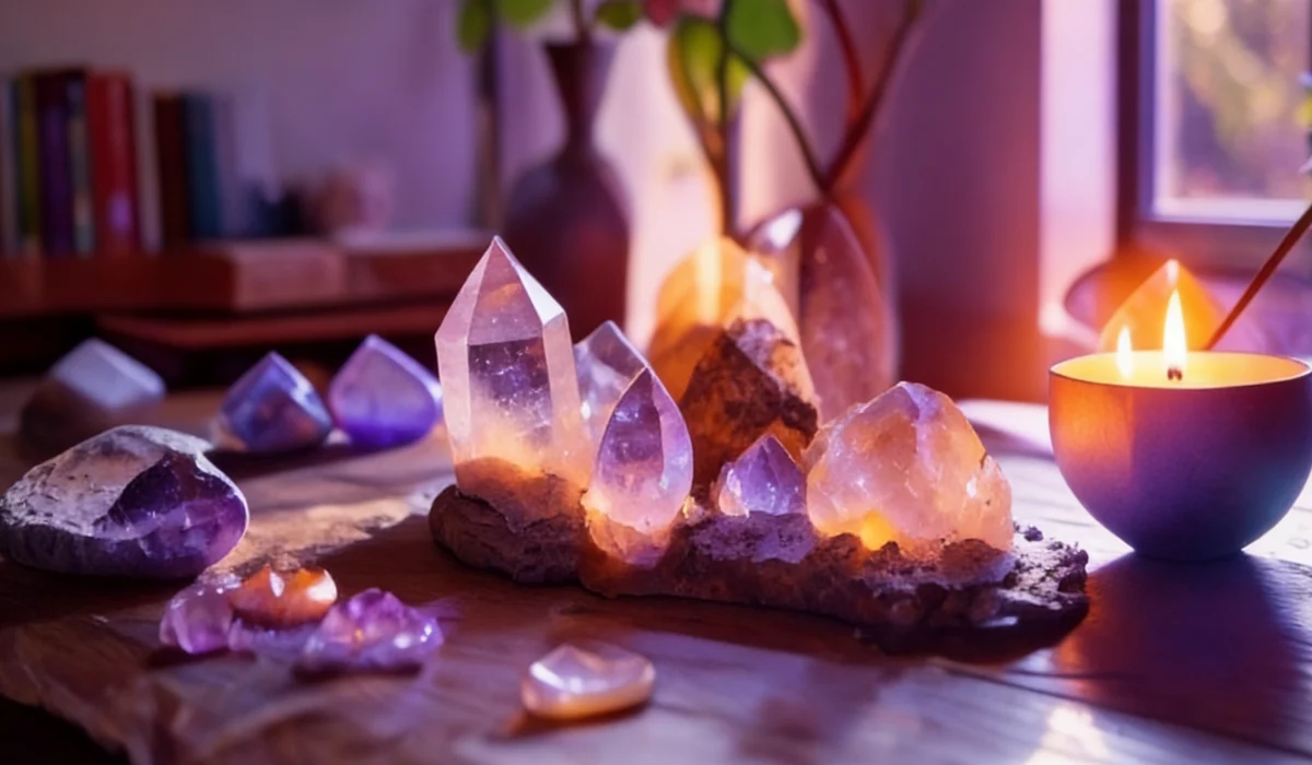 A calm meditation space with crystals and candlelight, symbolizing grounding, protection, and intention setting for Feng Shui practice.