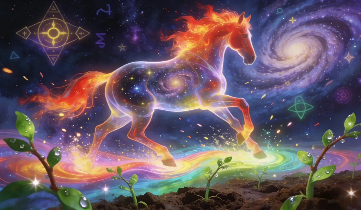 A visionary Fire Horse running through cosmic space, representing passion, transformation, and spiritual awakening in 2026.