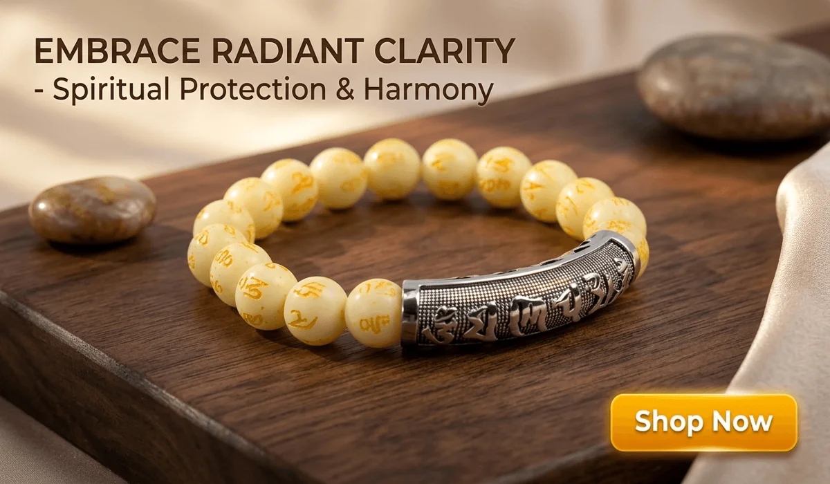 Fluorite Harmony Mantra Bracelet for Radiant Clarity and Spiritual Protection, luxury lifestyle blog image with Shop Now button