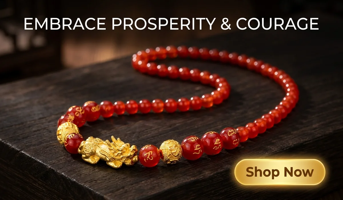 High-end Red Agate Pixiu Fortune Necklace for wealth and courage, featuring red mantra beads and a gold Pixiu charm on a luxury Zen background with a Shop Now button.