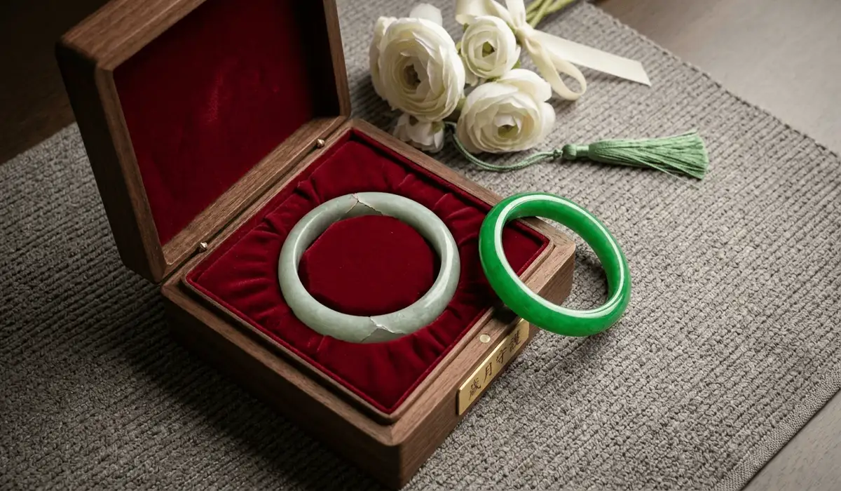 A cracked jade bangle being retired in a wooden box to avoid bad Feng Shui and negative energy.