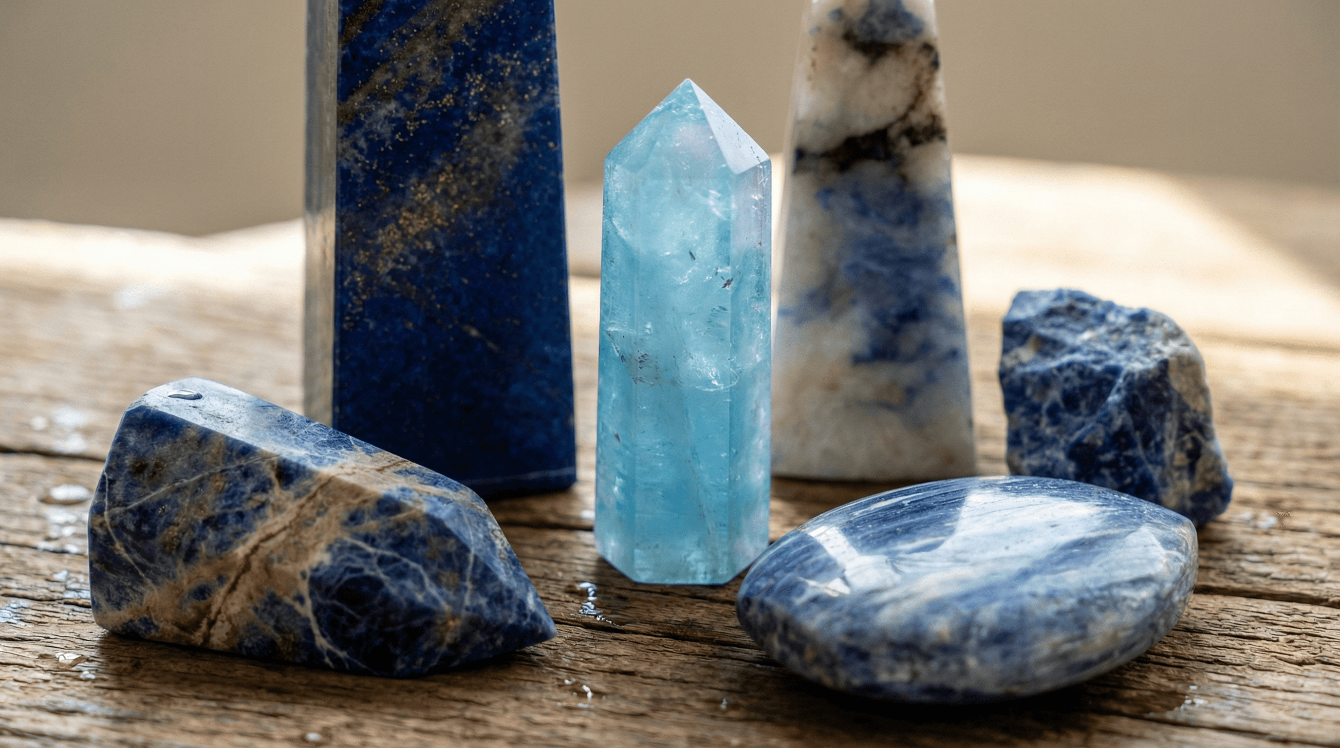 A variety of blue Throat Chakra crystals including Lapis Lazuli, Aquamarine, and Sodalite in raw and polished forms.