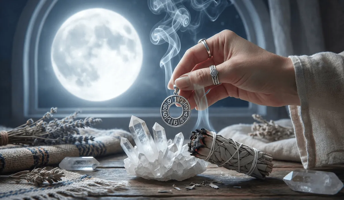 A spiritual ritual showing the cleansing and activation of angel number jewelry using sage, crystals, and moonlight.