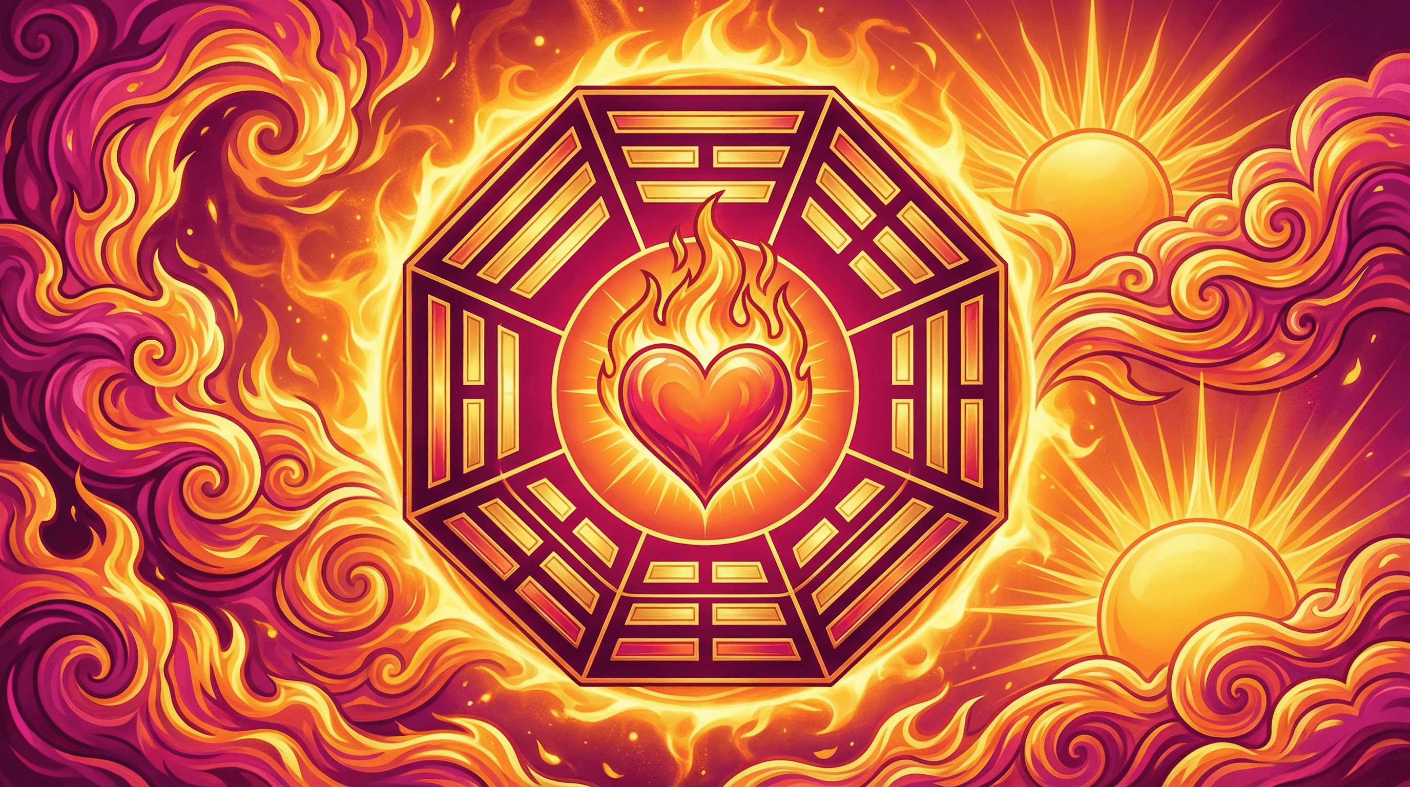 A conceptual illustration of the 2026 Double Fire year showing a glowing Bagua map with intense solar patterns and no water elements.