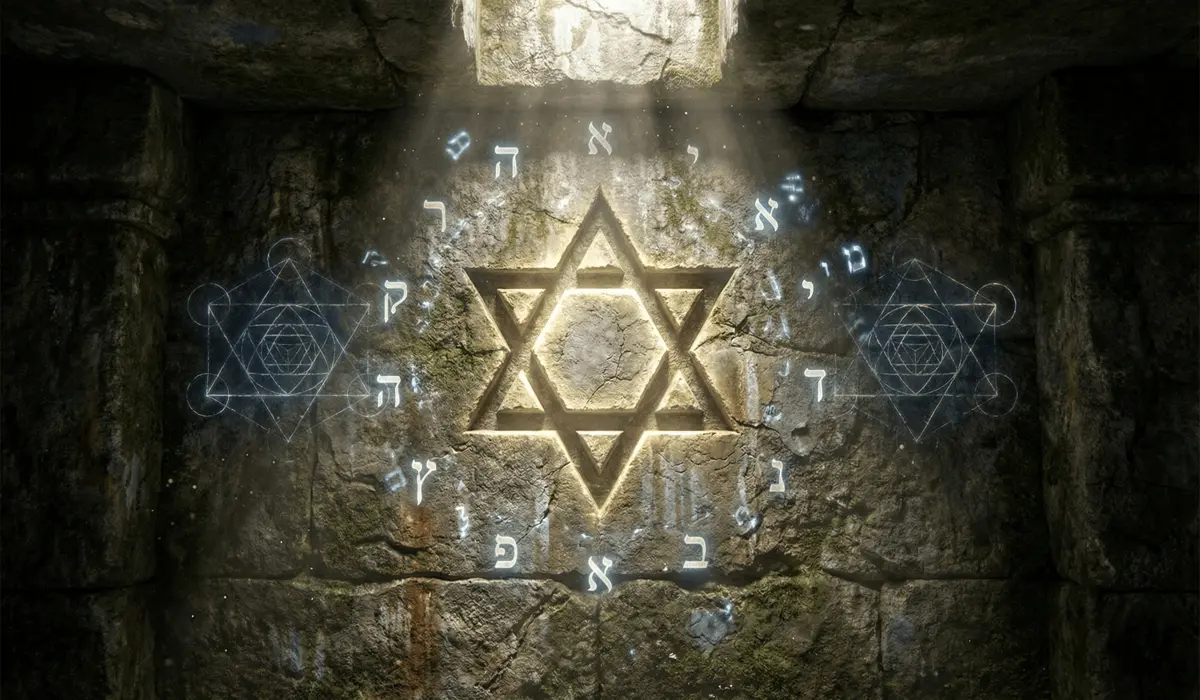 Ancient stone carving of the Star of David glowing in a mystical temple, representing its sacred origins and legendary protective power.
