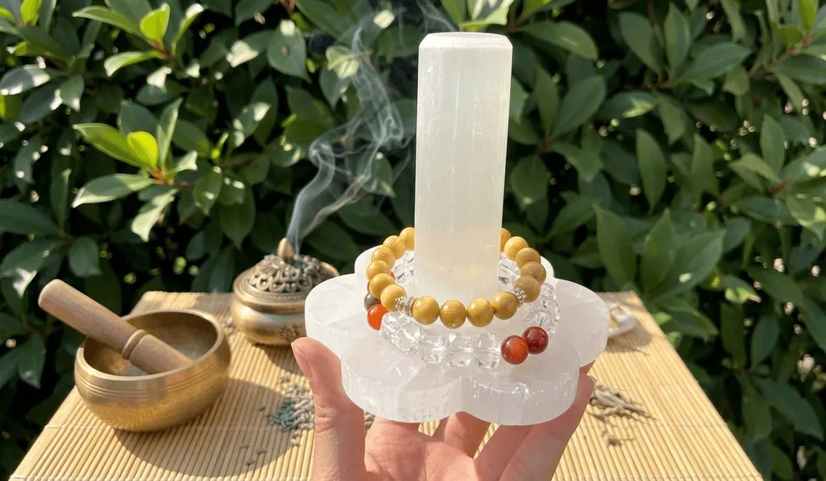 Golden Silk Nanmu bracelet resting on a selenite charging plate for energetic cleansing in morning sunlight