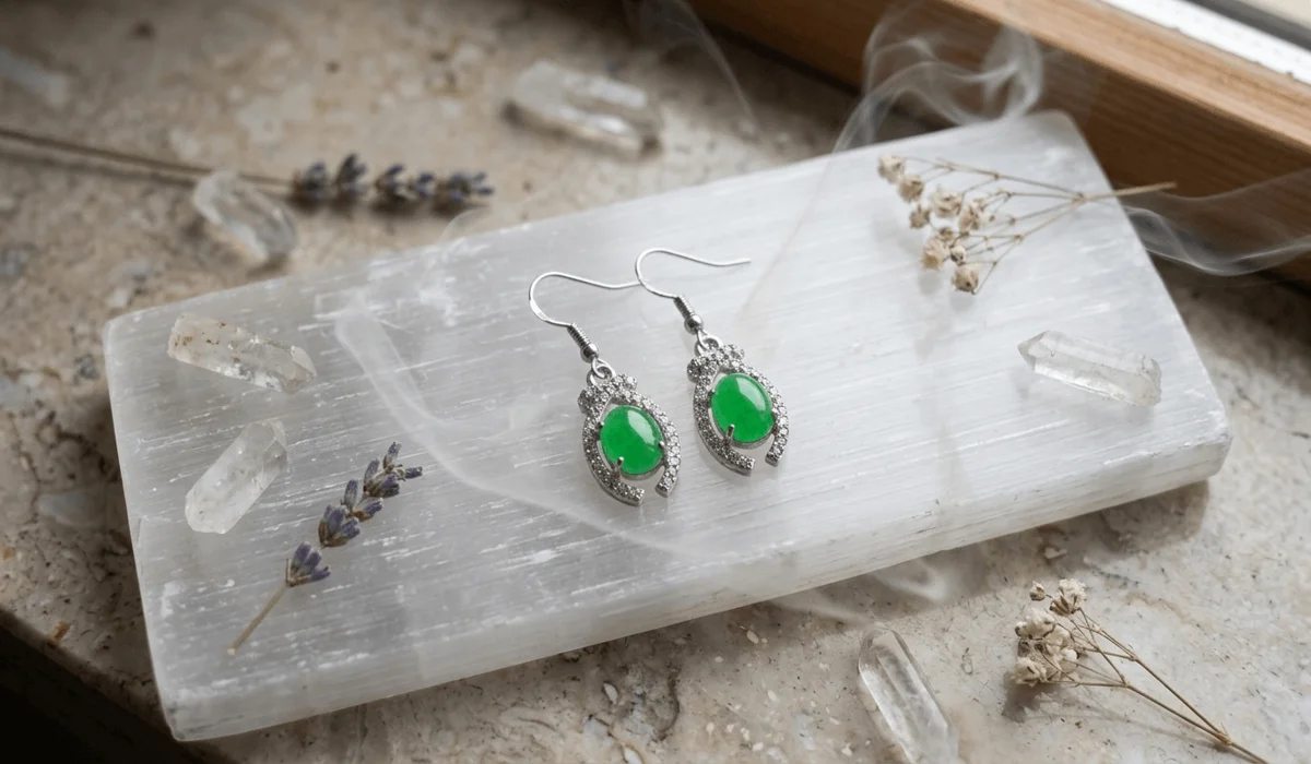 Green jade earrings resting on a polished white selenite charging plate surrounded by quartz crystals for spiritual cleansing and recharging.