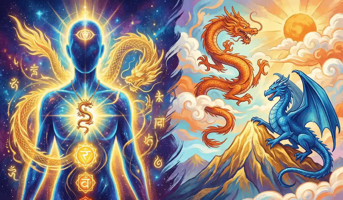 Visual representation of dragon necklace chakra associations and Eastern vs Western dragon mythology.