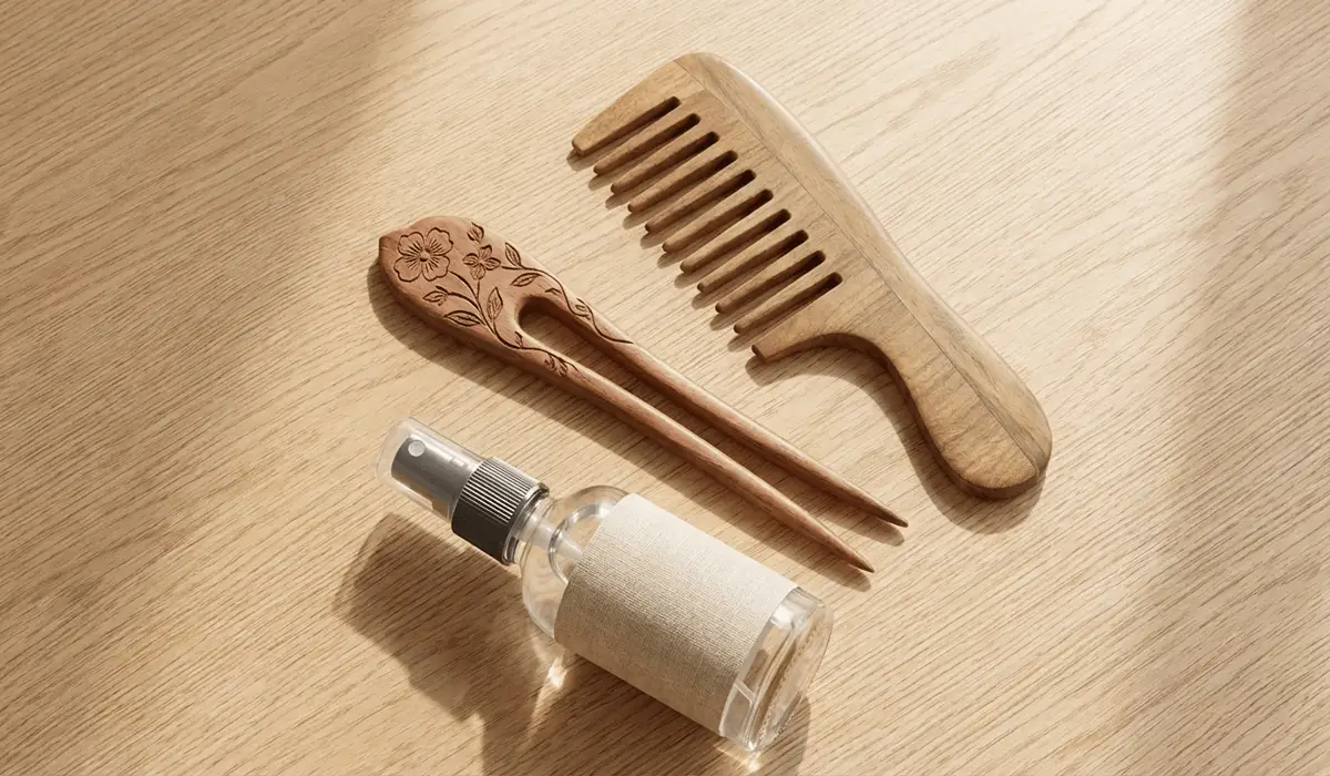 A collection of essential tools for hair stick styling including a carved wooden hair stick and a wide-tooth comb on a wooden surface.