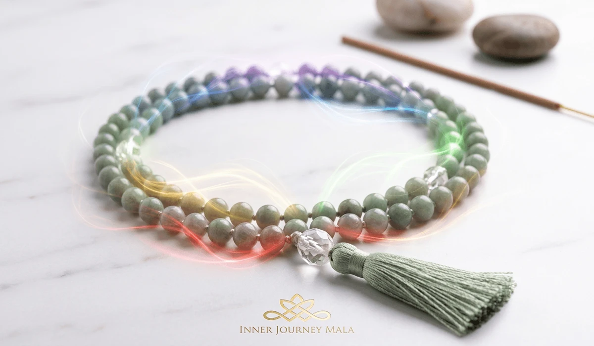A 108-bead mala necklace with a guru bead and tassel, symbolizing the connection to divine energy and the 108 earthly desires in meditation.