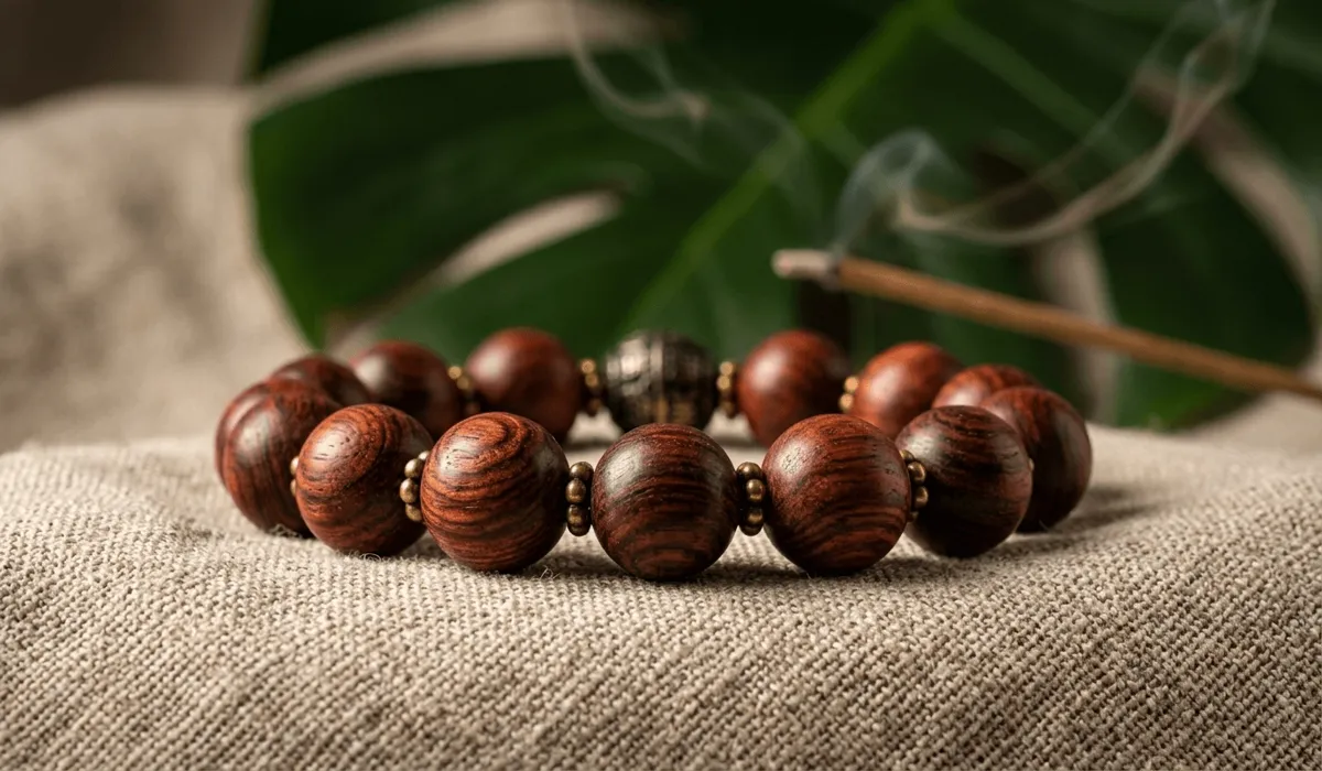 Authentic Rosewood bead bracelet with rich dark grain and natural patina, symbolizing emotional healing and grounding.
