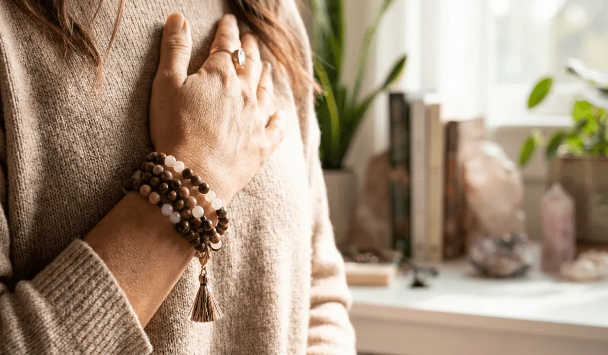 Person wearing a multi-wrapped gemstone mala bracelet on their left wrist during a daily mindfulness practice