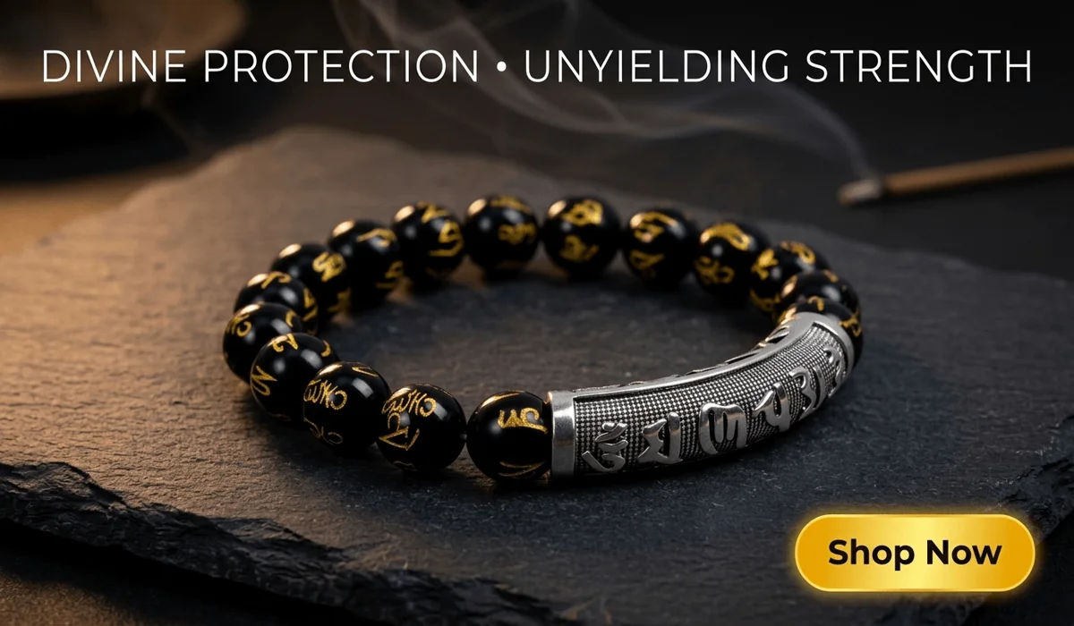 Obsidian Guardian Mantra Bracelet with black beads and silver mantra charm on a premium Zen-style background for spiritual protection and strength.