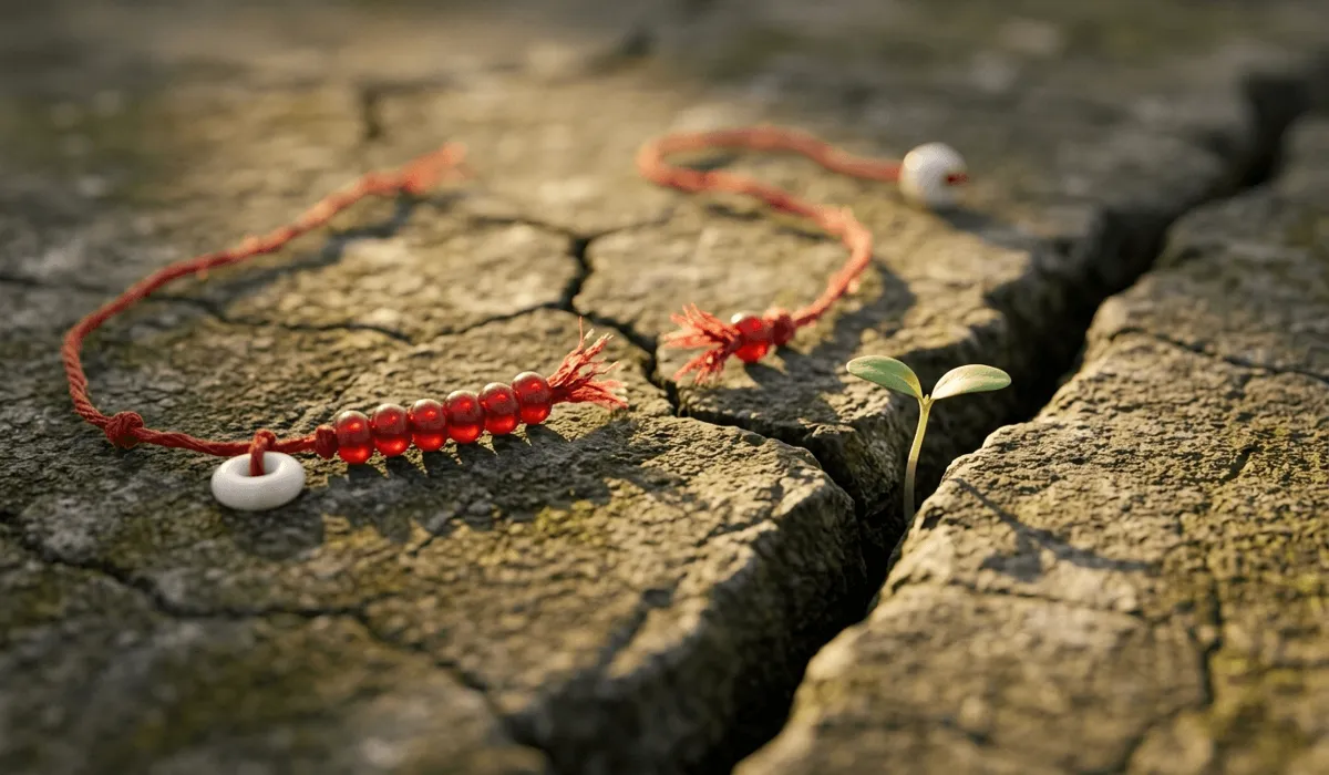 A broken red string belly chain on stone, symbolizing the completion of its protective mission and a new spiritual chapter.