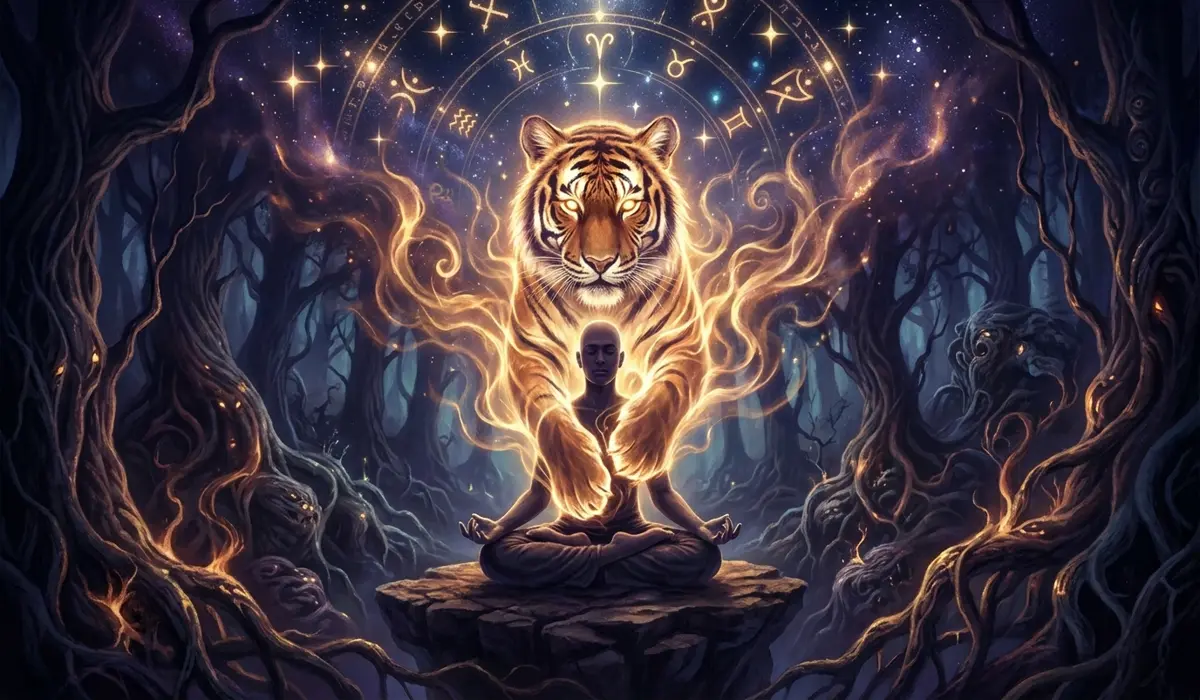 A meditating person with a glowing Tiger spirit aura representing the mastery of internal strength and subconscious energy.