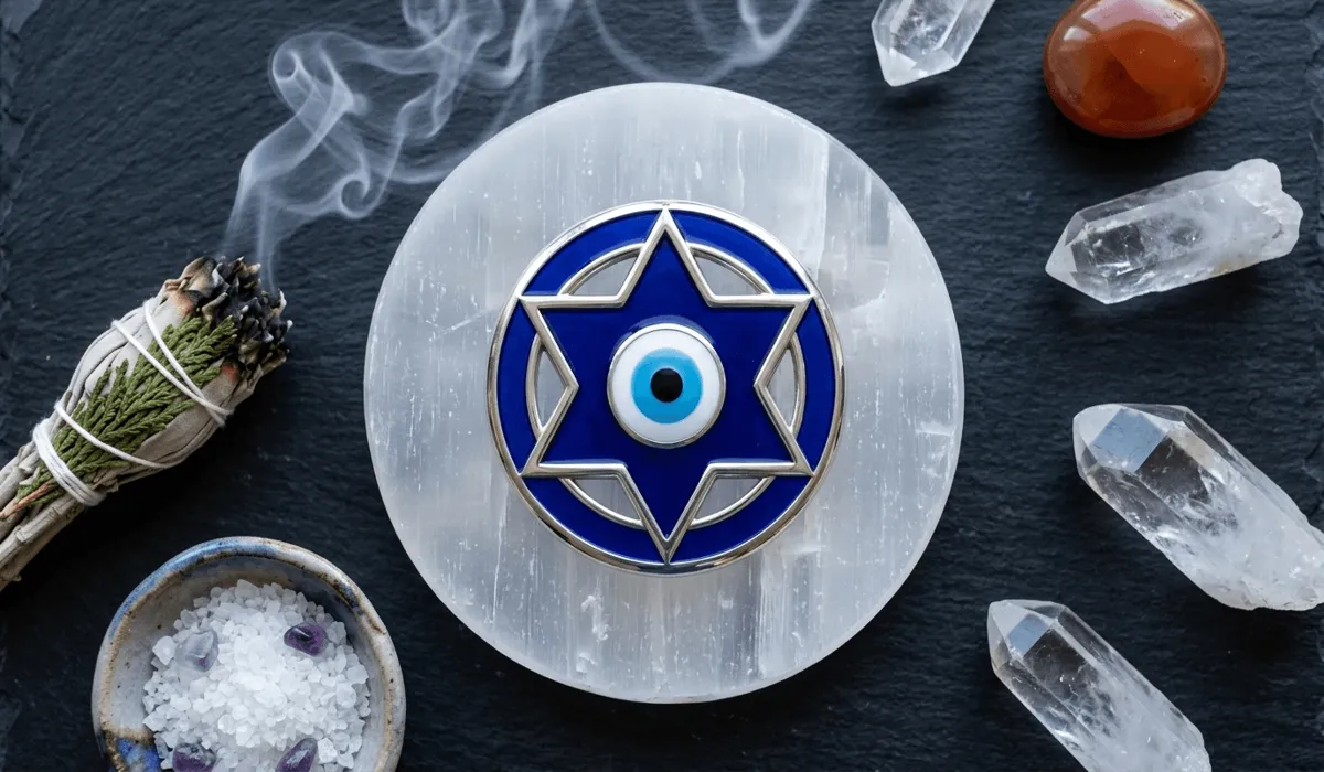Energetic cleansing ritual setup with a Star of David Evil Eye talisman placed on a selenite charging plate with cleansing smoke.