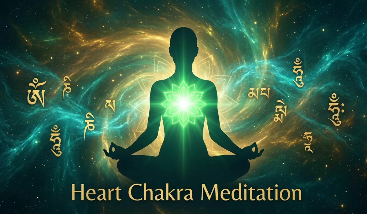 Spiritual illustration of Heart Chakra alignment and the Om Mani Padme Hum mantra symbols.