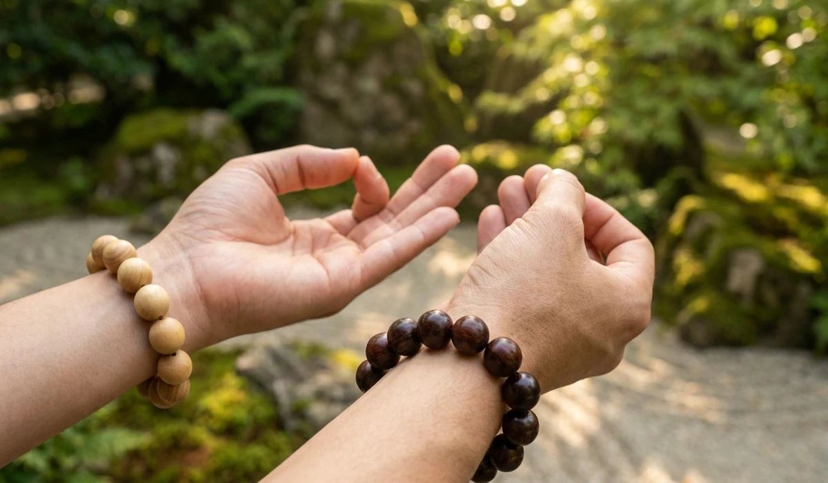Practitioner wearing sandalwood on the left wrist and rosewood on the right wrist for balanced meditation energy.