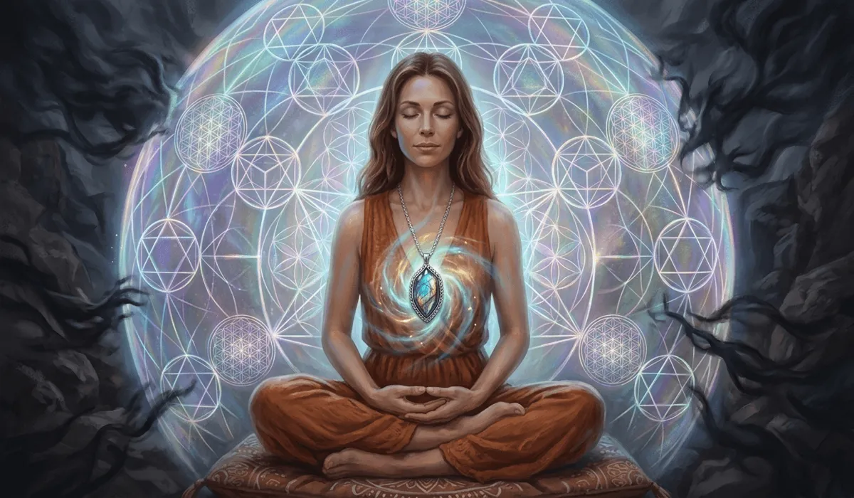 A woman wearing a labradorite necklace for aura protection and spiritual chakra balancing.