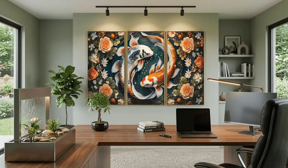 A Feng Shui-optimized home office featuring Yin Yang Koi artwork to fix stagnant energy and manifest professional prosperity.