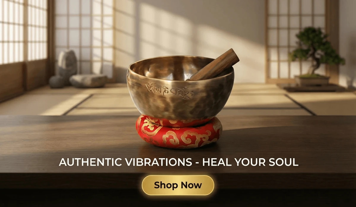 Handmade Nepalese Full Moon Singing Bowl for Sound Healing on red silk cushion with wooden mallet, professional Zen meditation e-commerce banner