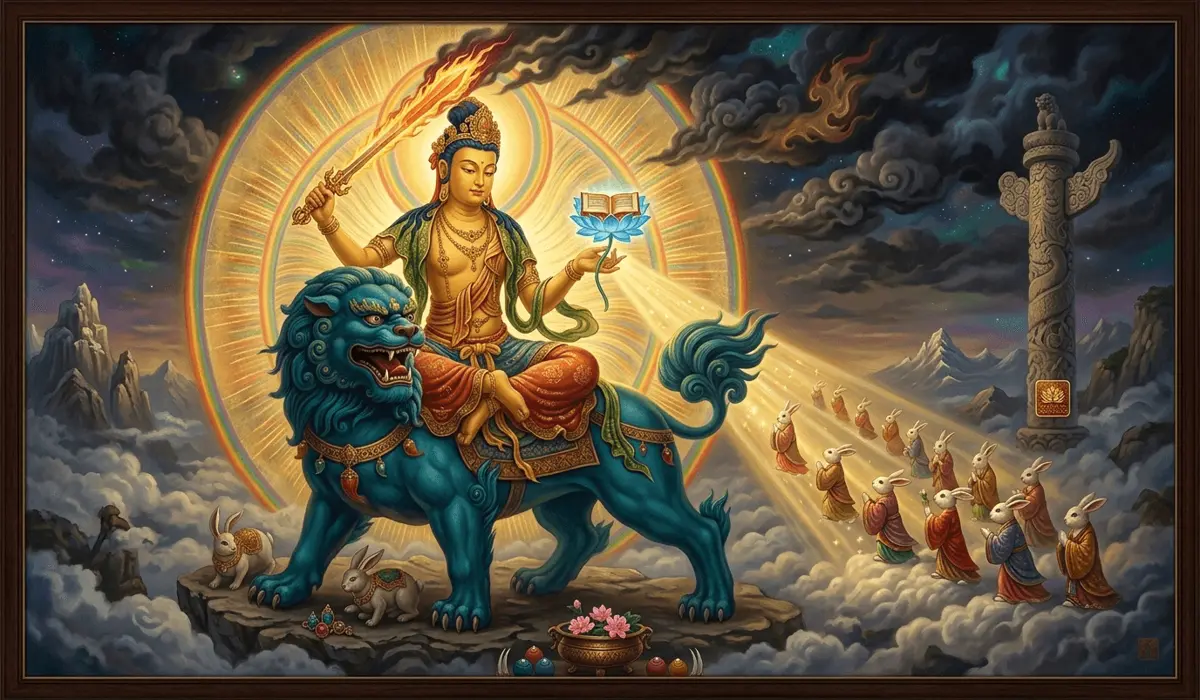Manjusri Bodhisattva sitting on a lion with a flaming sword and lotus book, the spiritual protector of those born in the Year of the Rabbit.