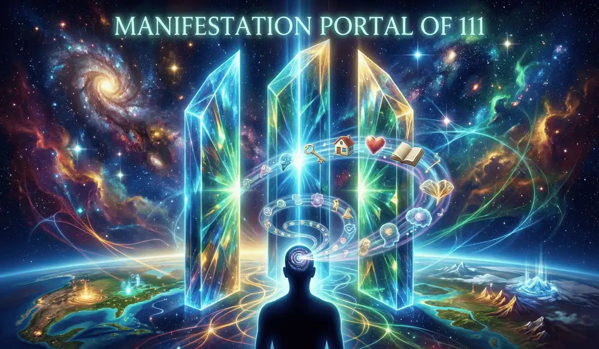 A cosmic manifestation portal illustrating how the 111 angel number connects thoughts to physical reality.
