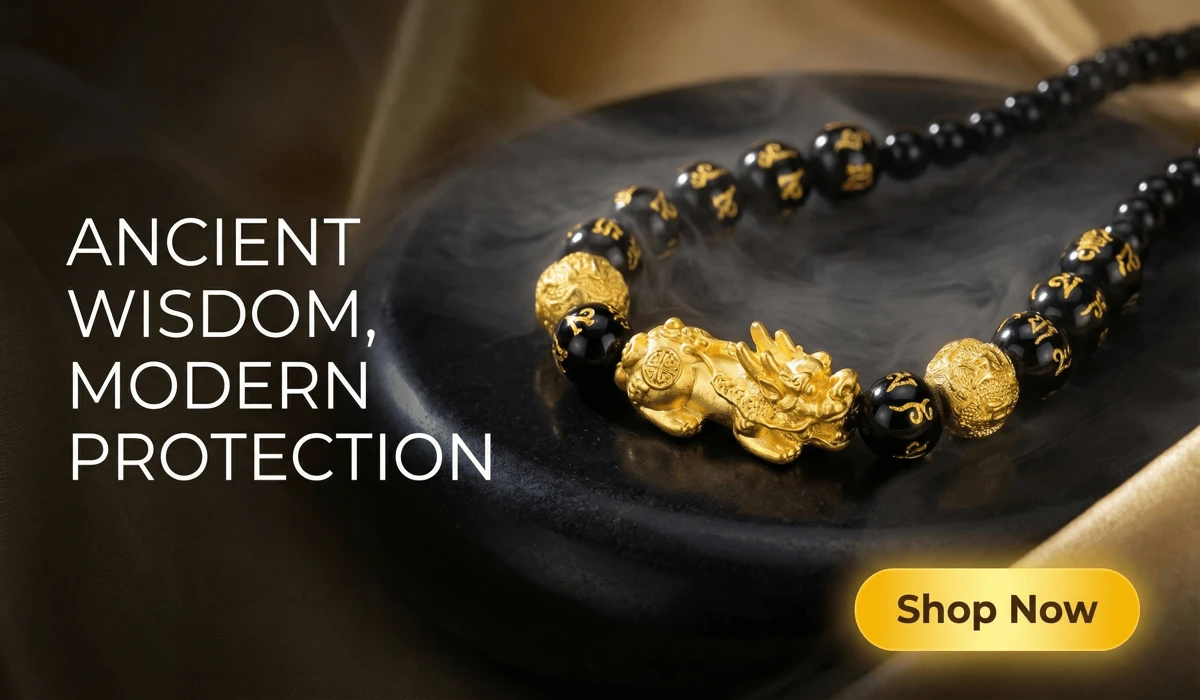 Obsidian Pixiu Fortune Necklace for wealth and protection featuring black obsidian beads and a gold Pixiu charm on a luxury Zen background with a Shop Now button.