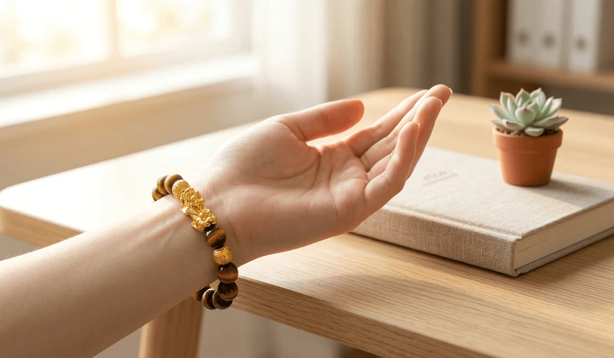 Person wearing a Feng Shui bracelet on the left hand to receive positive energy and enhance mindfulness during daily activities.
