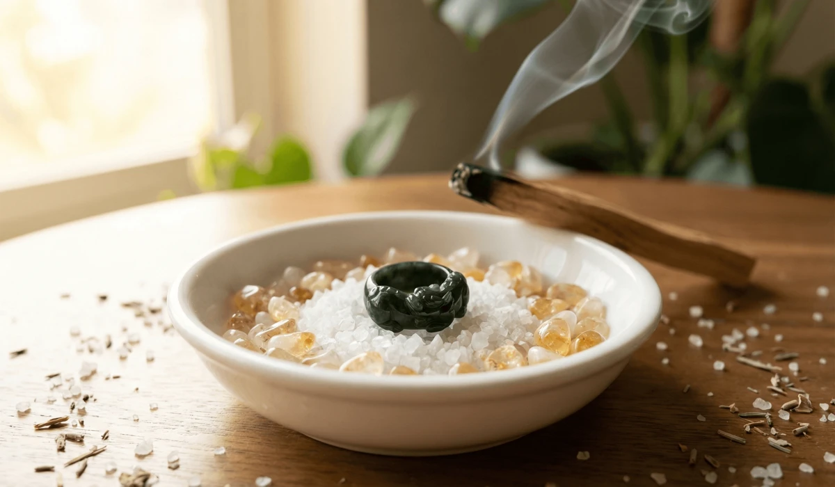 Pixiu ring being cleansed in a bowl of sea salt and crystals with Palo Santo smoke.