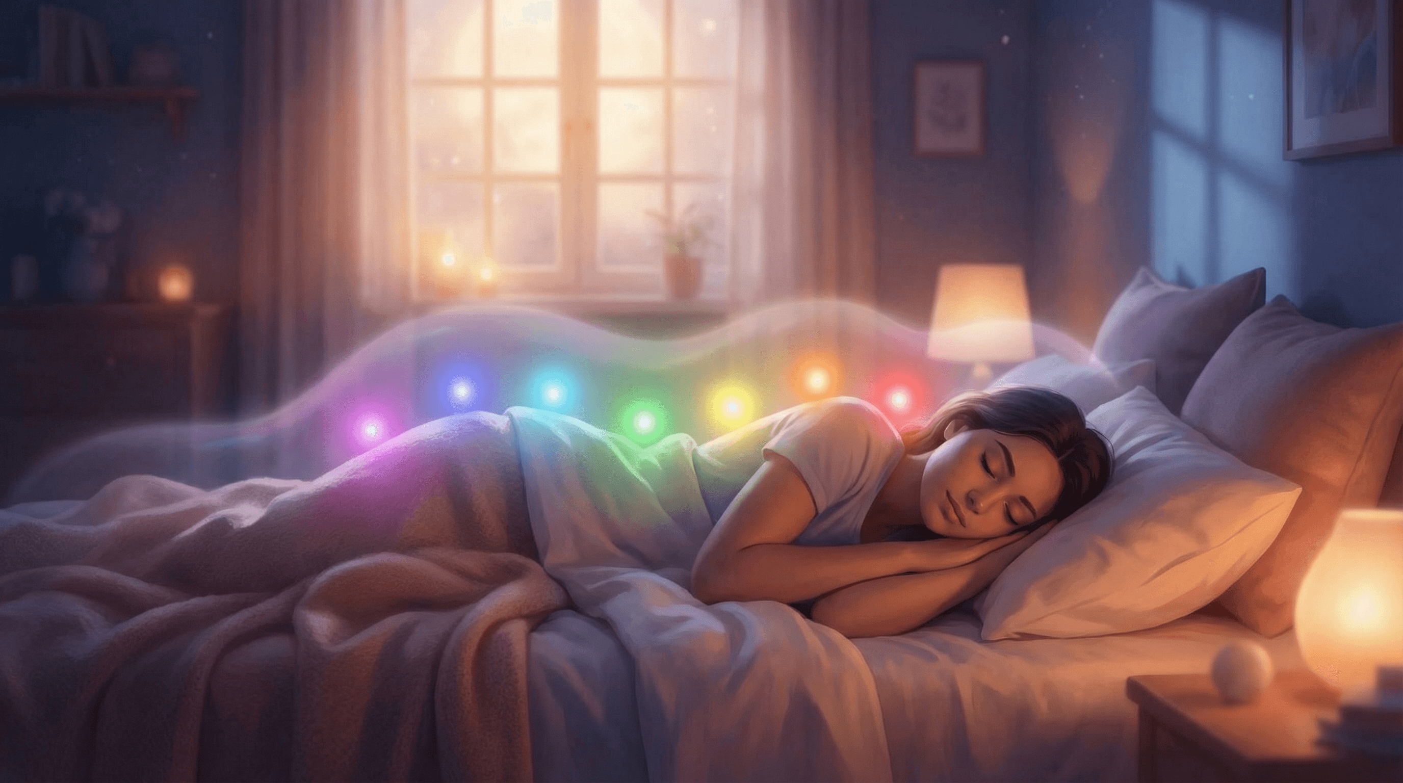 Conceptual illustration of 7 chakra energy centers aligning and balancing during peaceful sleep.