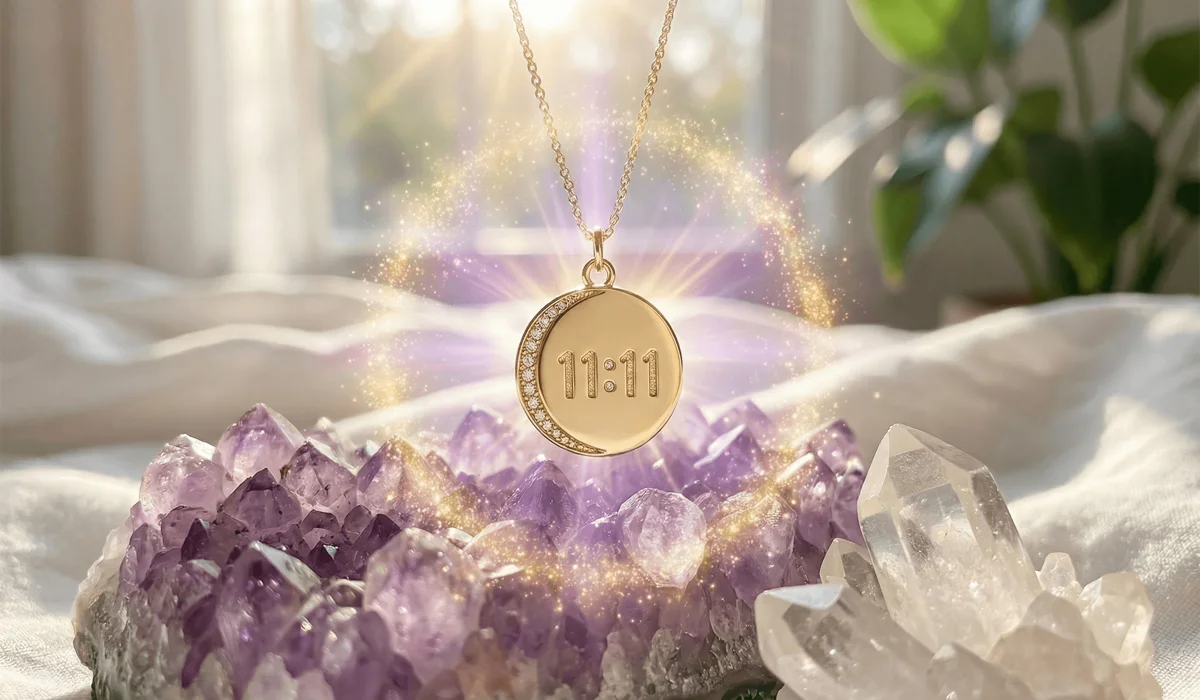 Close-up of a gold 11:11 angel number necklace resting on healing crystals, symbolizing the connection between spiritual jewelry and manifestation.