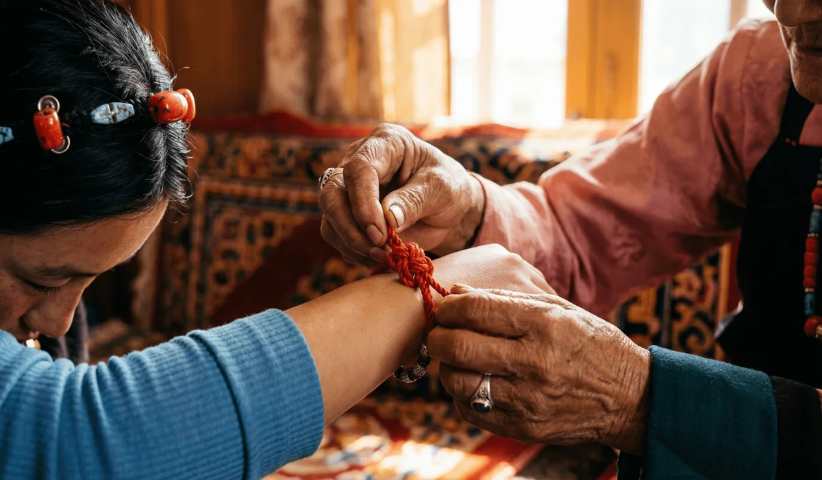 An elderly person tying a traditional red hand-knotted Tibetan protection bracelet onto a young person's wrist, symbolizing the transfer of goodwill.