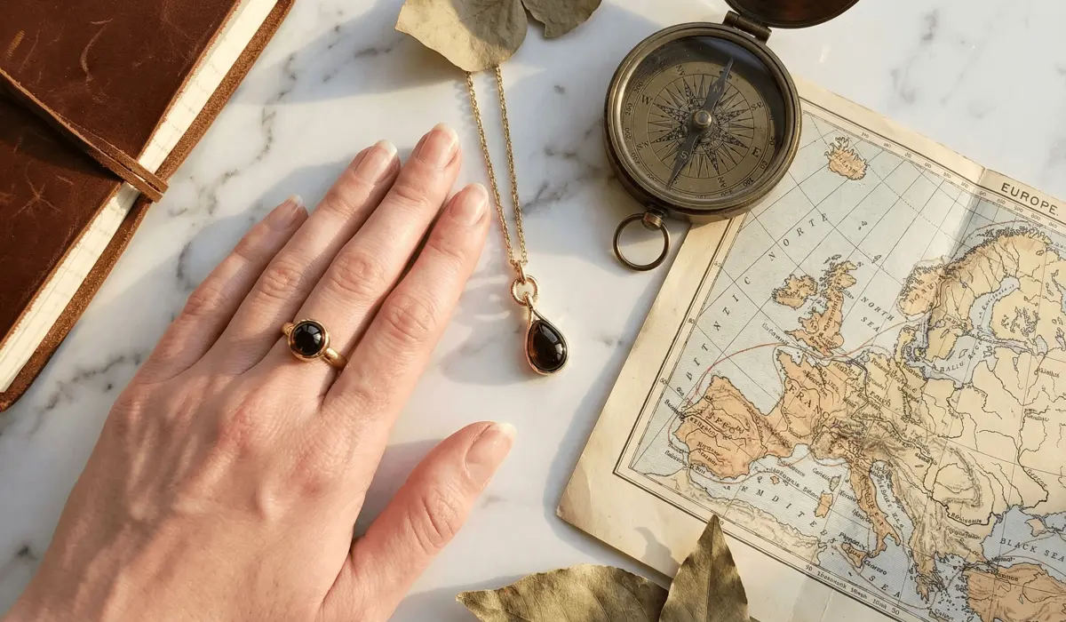 Garnet jewelry displayed with a compass and map to represent the stone's meaning of protection and safe travel.