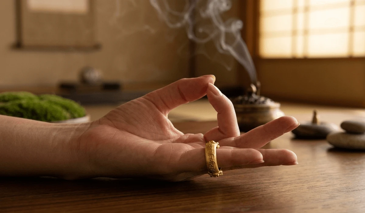 A person wearing a mantra ring on their left middle finger in a meditation pose to attract positive energy and balance.