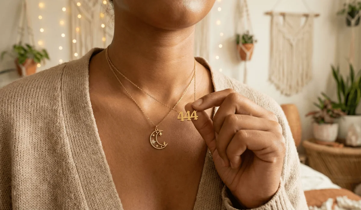 Close-up of a person layering a 444 necklace with other manifestation jewelry, focusing on intention-setting.