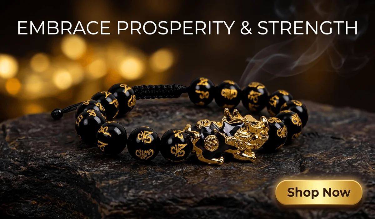 Luxury Wealth-Attracting Pixiu Obsidian Money Bracelet for prosperity and prosperity, high-end feng shui jewelry product photography with Shop Now button.